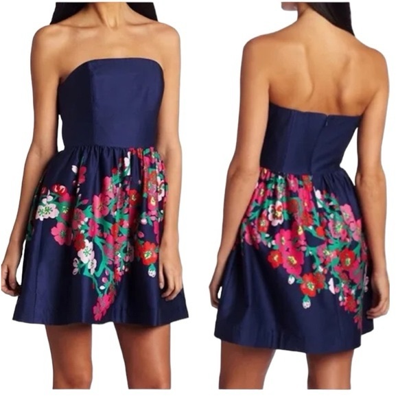 Lily Pulitzer Navy Blue Floral Strapless Dress 2 - Picture 2 of 15